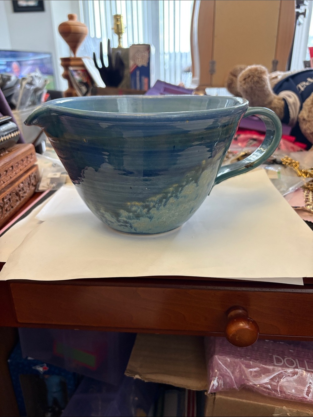 One Of Kind Handcrafted Blue-Green Ceramic Mixing Bowl with Pour Spout Pottery